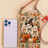 Pochette matelassée pour téléphone – Trio de fantômes dans le champ de citrouilles