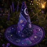 Chapeau de sorcière matelassé fait main – Univers de savants sombres et motifs cosmiques
