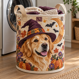 Panier à linge matelassé – Golden Retriever avec chapeau de sorcière