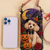 Pochette matelassée pour téléphone – Chiot avec chapeau de sorcière pour Halloween