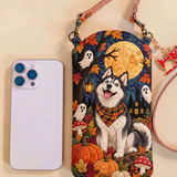 Sac bandoulière matelassé pour téléphone – Husky d'Halloween au clair de lune