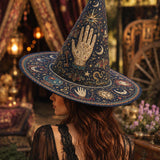 Handgemaakte gewatteerde heksenhoed – Mystieke tarot en sterren