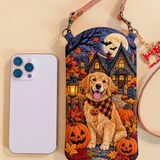 Smalle, gewatteerde schoudertas voor telefoon – Golden Retriever in de pompoennacht