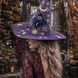 Chapeau de sorcière matelassé fait main – Lune violette mystérieuse et étoiles