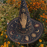 Handgemaakte gewatteerde heksenhoed – Mystieke tarot en sterren