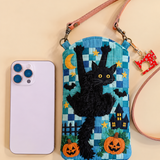 Pochette matelassée pour téléphone – Chat noir en patchwork bleu