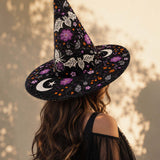 Chapeau de sorcière matelassé fait main – Chauves-souris, fleurs et lune d'Halloween