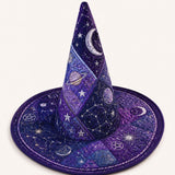 Chapeau de sorcière matelassé fait main – Univers de savants sombres et motifs cosmiques