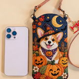 Smalle en gewatteerde telefoonhoes – Corgi met pompoenen voor Halloween