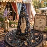 Handgemaakte gewatteerde heksenhoed – Mystieke tarot en sterren