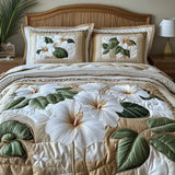 3-delig gewatteerd beddengoedset – Witte hibiscus