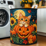 Panier à linge matelassé – Chat roux avec citrouilles et tournesols