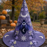 Chapeau de sorcière matelassé fait main – Lune violette mystérieuse et étoiles