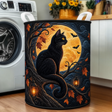 Panier à linge matelassé – Chat noir sous la pleine lune d'Halloween