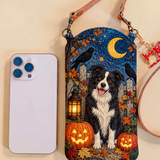 Pochette matelassée pour téléphone – Border Collie sous la lune d'Halloween