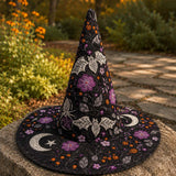 Chapeau de sorcière matelassé fait main – Chauves-souris, fleurs et lune d'Halloween